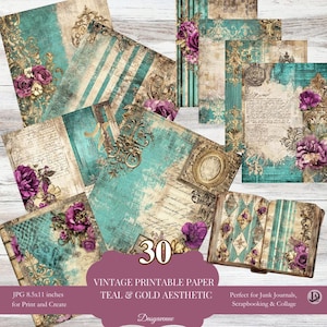 Teal & Gold Vintage Junk Journal Background Pages | Printable Scrapbooking Paper | Shabby Chic Floral Ephemera | Instant Digital Download