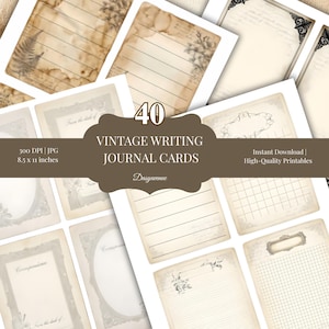 Puede incluir: Un conjunto de 40 tarjetas de diario de escritura vintage. Las tarjetas tienen un tono sepia y presentan páginas rayadas y en blanco, detalles florales y bordes decorativos. Cada tarjeta mide 21,59 cm x 27,94 cm.