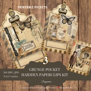 May include: A collection of vintage-style paperclips with butterfly and antique paper designs. The image includes the text "PRINTABLE POCKETS" and "GRUNGE POCKET HAIDDEN PAPERCLIPS KIT". The paperclips are 8.5x11 inches.