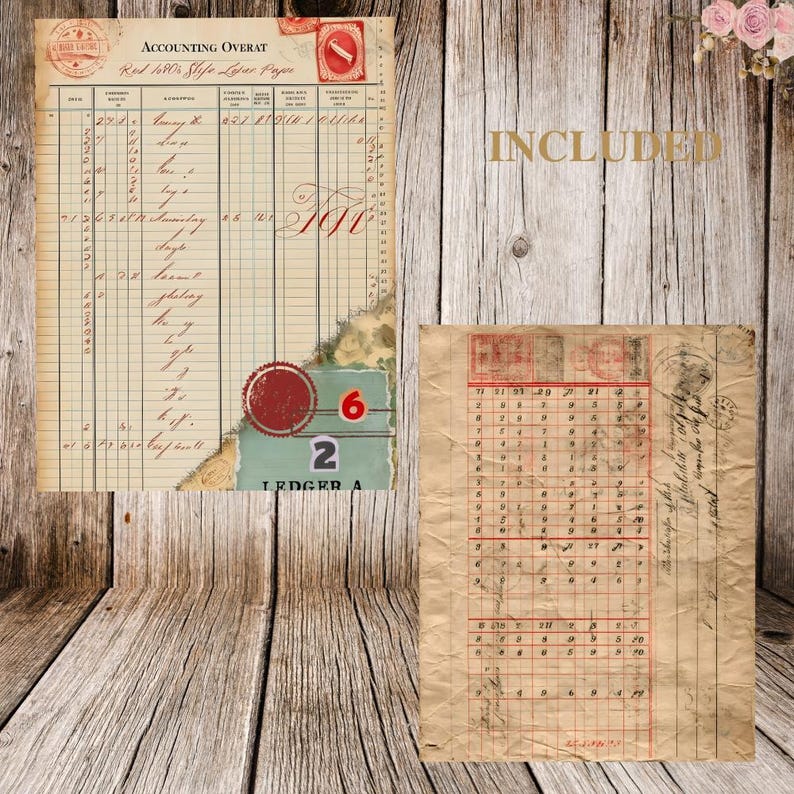 May include: Two vintage ledger papers with handwritten entries and red accents. The left page has the title "ACCOUNTING OVERAT" and the text "Red 1980s Slife Lolar Paper." A red seal and the numbers "6" and "2" are visible.
