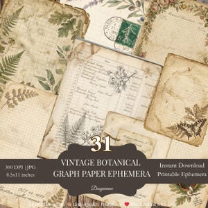 Könnte beinhalten: Eine Sammlung von Vintage-Botanikephemera, darunter gealtertes Papier mit botanischen Illustrationen, handschriftliche Notizen und eine Briefmarke. Das Bild zeigt eine Vielzahl von Texturen und Farben, mit dem Text "VINTAGE BOTANICAL GRAPH PAPER EPHEMERA" und "31" prominent dargestellt.