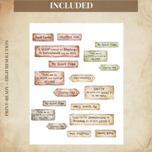 May include: A collection of rectangular and oval-shaped stickers with text related to reading and books. The stickers feature phrases like "Book Lover," "Chapter One," and "My Quiet Time" in various fonts and colors, with a vintage aesthetic.