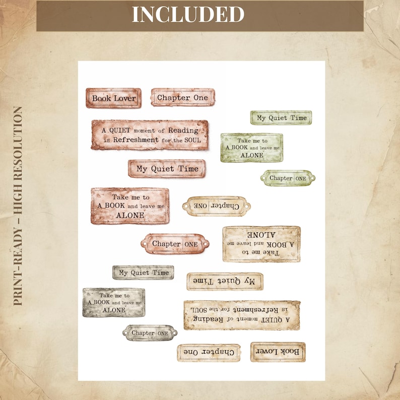 May include: A collection of rectangular and oval-shaped stickers with text related to reading and books. The stickers feature phrases like "Book Lover," "Chapter One," and "My Quiet Time" in various fonts and colors, with a vintage aesthetic.