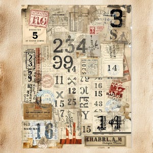 Puede incluir: Un collage vintage de ef&iacute;meras, que incluye sellos, boletos y notas manuscritas, dispuestos sobre un fondo texturizado. N&uacute;meros y fragmentos de texto en varias fuentes y tama&ntilde;os crean una est&eacute;tica envejecida y en capas. La paleta de colores es principalmente beige, marr&oacute;n y rojo.