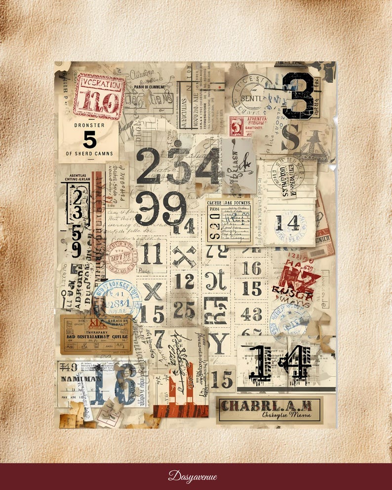 Puede incluir: Un collage vintage de ef&iacute;meras, que incluye sellos, boletos y notas manuscritas, dispuestos sobre un fondo texturizado. N&uacute;meros y fragmentos de texto en varias fuentes y tama&ntilde;os crean una est&eacute;tica envejecida y en capas. La paleta de colores es principalmente beige, marr&oacute;n y rojo.