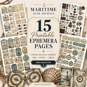 Könnte beinhalten: Eine Sammlung von Vintage-Nautik-Ephemera-Seiten, einschließlich Tags, Papieren und Etiketten. Das Design zeigt Kompasse, Anker, Schiffe und Leuchtturm-Illustrationen in Blau-, Braun- und Cremetönen. Der Text lautet "Maritime Junk Journal" und "15 Printable Ephemera Pages."