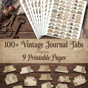 Puede incluir: Pestañas de diario vintage con diseños florales y de mapas. La imagen muestra varias hojas de pestañas impresas, junto con pestañas individuales. El texto dice "100+ Vintage Journal Tabs" y "9 Printable Pages". También se ven unas tijeras y una llave.