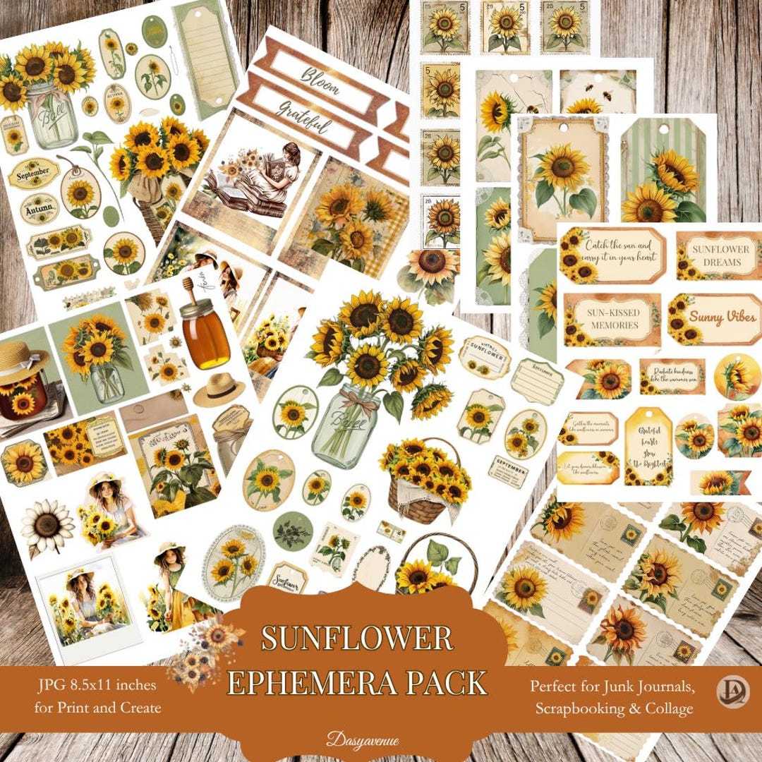 Sunflower Junk Journal Ephemera Kit - Printable Ephemera, Tags, Cards ...