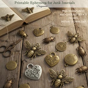 May include: An assortment of vintage metal charms, including bees, beetles, hearts, and round pendants, arranged on a rustic wooden surface. The image includes text that reads "VINTAGE METAL CHARMS" and "Printable Ephemera for Junk Journals". The background is transparent and measures 8.5 x 11 inches.