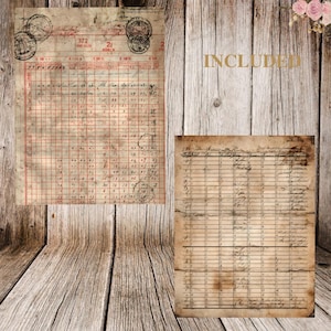 May include: Two vintage ledger pages with aged paper and red grid lines. One page features stamps and handwritten numbers, while the other has columns of handwritten entries. The word "INCLUDED" is in gold lettering.