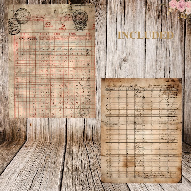 May include: Two vintage ledger pages with aged paper and red grid lines. One page features stamps and handwritten numbers, while the other has columns of handwritten entries. The word "INCLUDED" is in gold lettering.