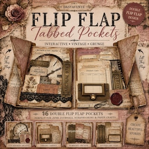 May include: A set of 16 double flip flap tabbed pockets featuring vintage-style graphics, clock faces, library cards, and metal-look labels. The design includes text such as DASYAVENYE, FLIP FLAP Tabbed Pockets, and various archival labels.