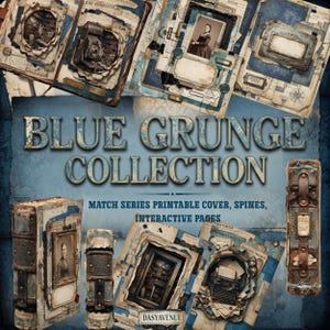 May include: A digital collection of printable journal covers, spines, and interactive pages featuring a blue grunge aesthetic. The set includes vintage-style imagery, sepia-toned portraits, typewriter illustrations, and weathered paper textures.
