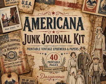 May include: A vintage-themed Americana junk journal kit with printable ephemera and papers. The design features patriotic elements like the American flag, vintage stamps, and tags with patriotic text. Includes 40 printable pages.