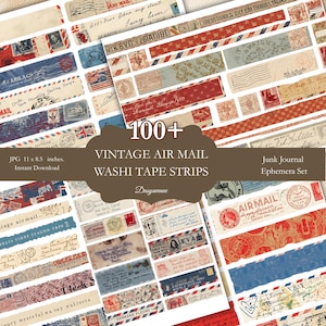 Puede incluir: Una colección de tiras de cinta washi vintage de correo aéreo con una variedad de diseños. Las tiras presentan sellos postales, escritura a mano y colores patrióticos rojo, blanco y azul. La imagen incluye el texto "100+ Vintage Air Mail Washi Tape Strips."