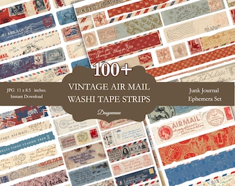 May include: A collection of vintage air mail washi tape strips with a variety of designs. The strips feature postage stamps, handwriting, and patriotic red, white, and blue colors. The image includes the text "100+ Vintage Air Mail Washi Tape Strips."