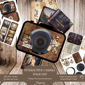 Puede incluir: Un kit de folio de cámara interactiva de temática vintage con textura de cuero marrón. El kit incluye tiras de película, etiquetas y un diseño de lente de cámara. El texto incluye "EXPLORE", "TRAVELER'S" e "INTERACTIVE CAMERA FOLIO KIT".