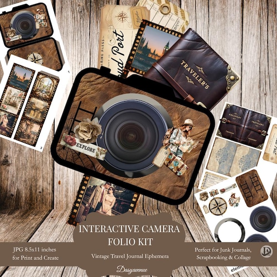Interactive Camera Folio Kit | Printable Vintage Travel Ephemera | Junk Journal Pocket | Scrapbooking & Paper Craft Supplies