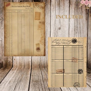 May include: Two vintage ledger paper sheets with aged, tan paper. One sheet has the text "VINTAGE LEDGER PAPE PAPER, from the 1860s" and stamps. The second sheet has the text "Ledecks Anbing Ledeang acounting Jager Pradnp" and stamps.
