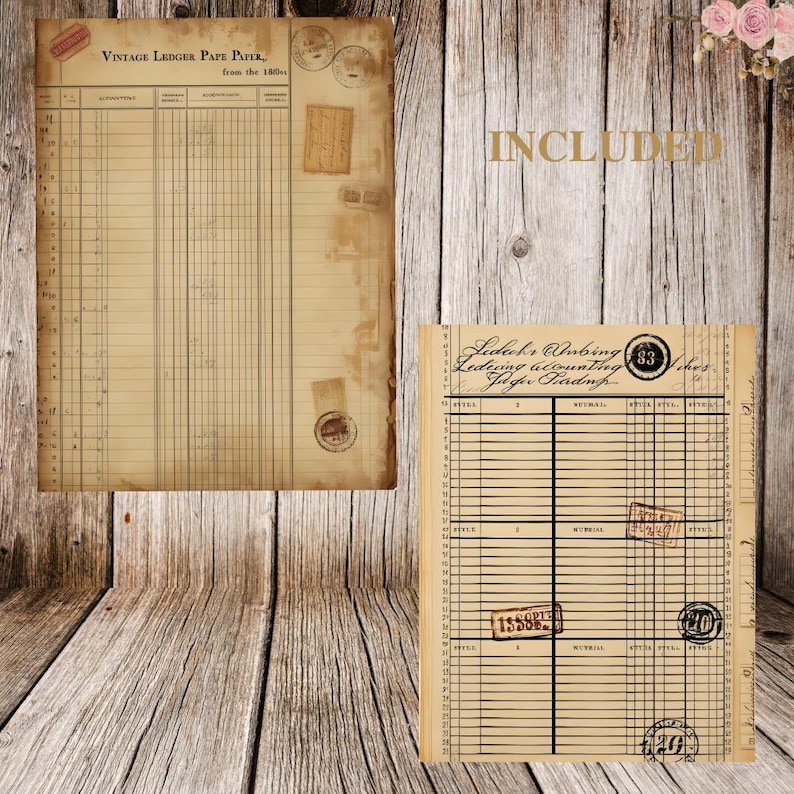 May include: Two vintage ledger paper sheets with aged, tan paper. One sheet has the text "VINTAGE LEDGER PAPE PAPER, from the 1860s" and stamps. The second sheet has the text "Ledecks Anbing Ledeang acounting Jager Pradnp" and stamps.