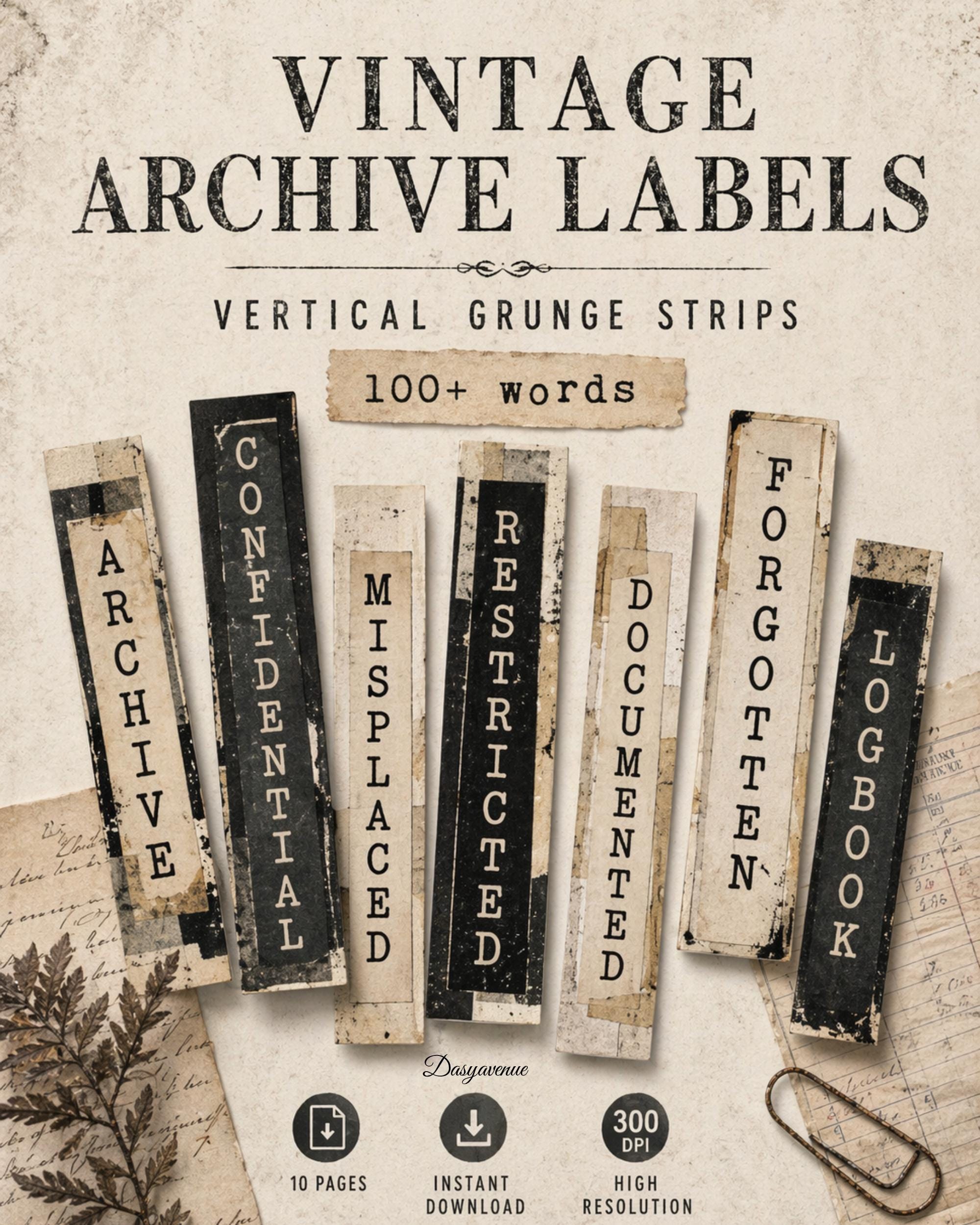Printable Vertical Labeks Vintage Archive Labels, Vertical Grunge Strips, Junk Journal Labels ...