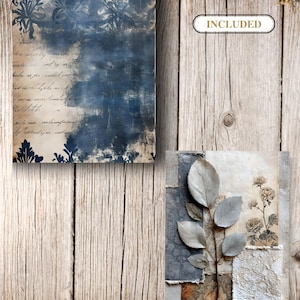 May include: Two decorative art prints with a vintage aesthetic. One features a blue and beige abstract design with script, the other showcases a botanical theme with leaves and flowers. The word "INCLUDED" is in a white oval.