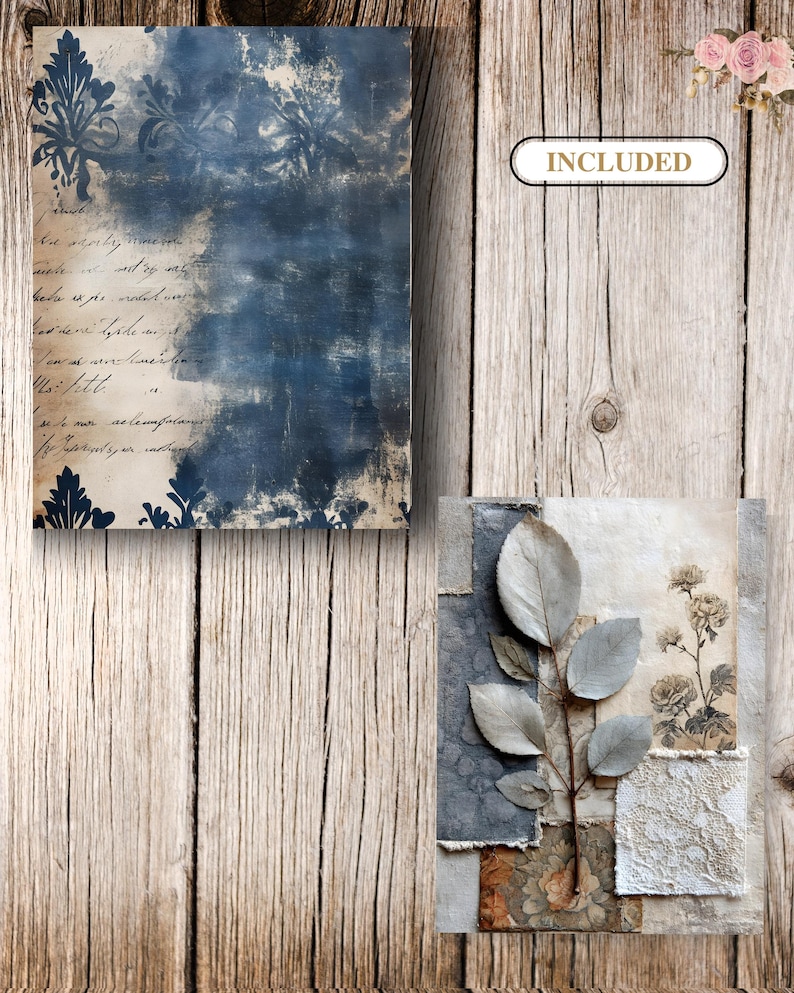 May include: Two decorative art prints with a vintage aesthetic. One features a blue and beige abstract design with script, the other showcases a botanical theme with leaves and flowers. The word "INCLUDED" is in a white oval.