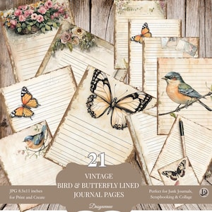 Páginas imprimibles de diario vintage con pájaros, mariposas y flores. Papel rayado para diarios basura y collages de scrapbooking.