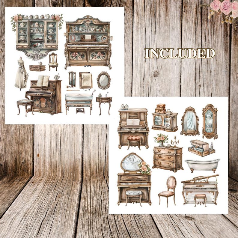 May include: A set of vintage-style furniture illustrations, including a piano, a bathtub, a dresser, a mirror, and a cabinet. The illustrations are in a watercolor style and feature a muted color palette of browns, creams, and whites.