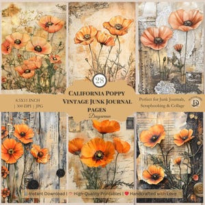 Poppy Junk Journal Seiten, Vintage botanische Ephemera, gealtertes Papier Hintergründe, Mixed Media Collage, druckbares digitales Papier