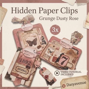 Könnte beinhalten: Ein Set aus drei altrosa Büroklammern mit Vintage-Ephemera, Schmetterlingsillustrationen und Text, darunter 'Hidden Paper Clips', 'Grunge Dusty Rose', '1892', 'JOURNAL', '3x', 'VIDEO TUTORIAL INCLUDED' und 'Dasyavenue'.