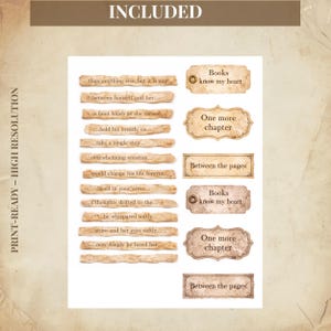 May include: Print-ready high-resolution paper ephemera with text excerpts and decorative labels. The labels read "Books know my heart", "One more chapter", and "Between the pages". The paper has a vintage, aged appearance.