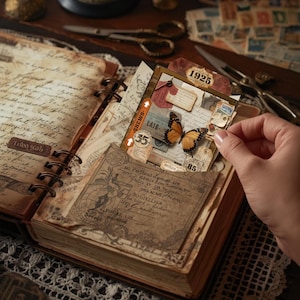 Puede incluir: Diario abierto con p&aacute;ginas de papel envejecido, con ef&iacute;meras vintage como pegatinas de mariposas, etiquetas y sellos. El diario est&aacute; encuadernado con una cubierta marr&oacute;n y anillos met&aacute;licos. Una mano sostiene una tarjeta con una mariposa.