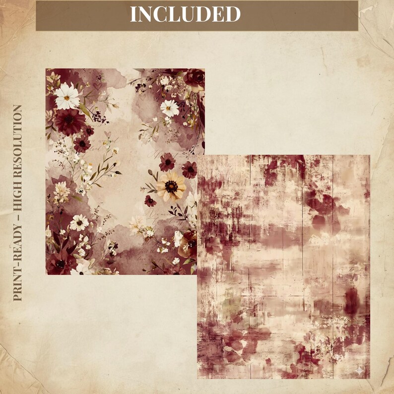 Burgundy Valentine Junk Journal Pages, Vintage Rose Digital Paper ...