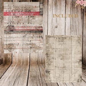 May include: Two vintage ledger pages with handwritten notes, red stripes, and stamps. The word "INCLUDED" is in gold lettering. The pages have a distressed, aged appearance, suggesting they are antique documents. The background is a wooden surface.