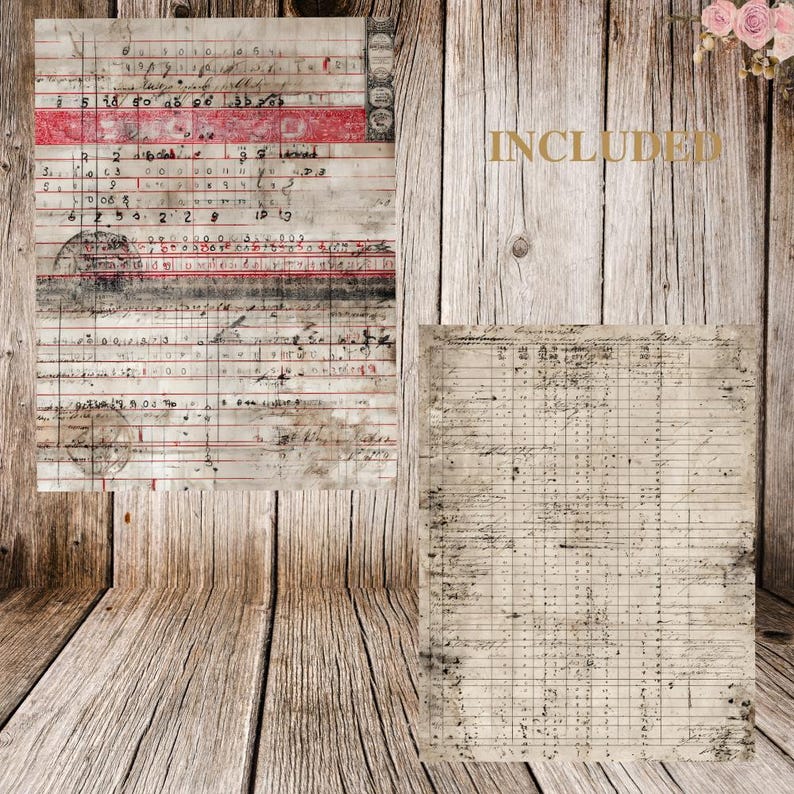May include: Two vintage ledger pages with handwritten notes, red stripes, and stamps. The word "INCLUDED" is in gold lettering. The pages have a distressed, aged appearance, suggesting they are antique documents. The background is a wooden surface.