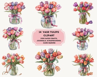 12 High Quality transparent PNG,  Tulips Bouquet in vase, Digital download, Paper craft, junk journal, Watercolor Flowers, Flower clipart