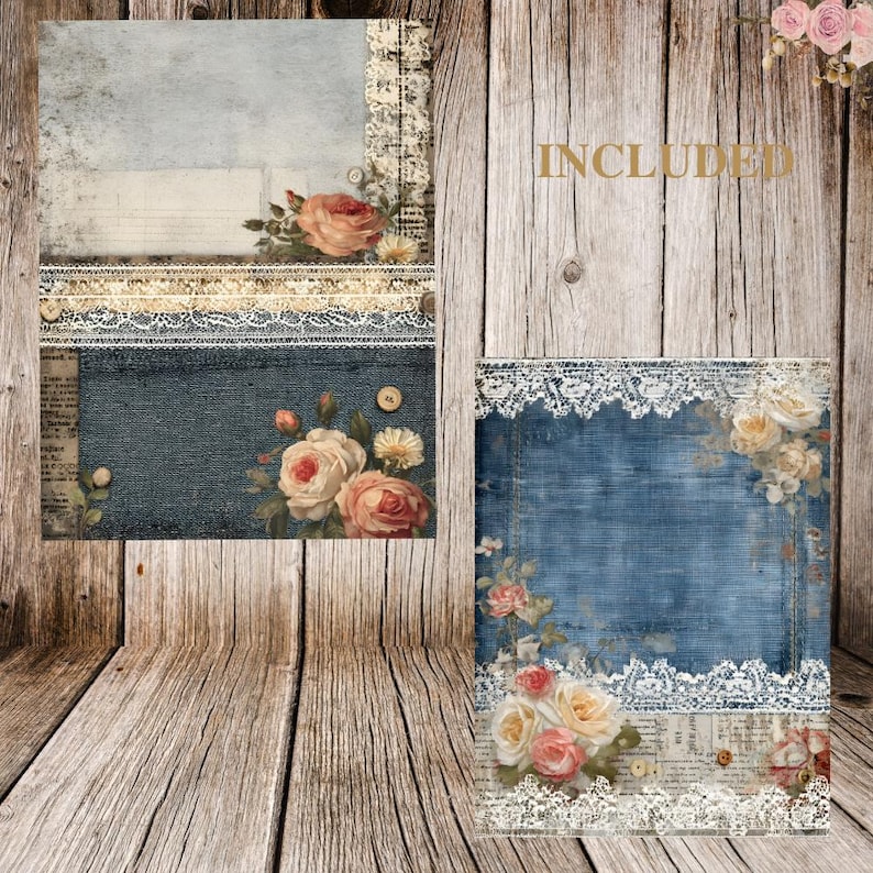 Vintage Denim Junk Journal Set - 32 Printable Pages With Lace, Roses ...