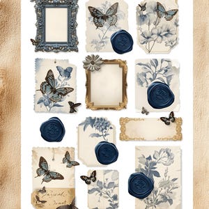 May include: A selection of vintage scrapbook elements featuring frames, butterfly illustrations, floral designs, and navy blue wax seals. The word "INCLUDED" is at the top. The bottom of the image has the text "Dasyavenue".