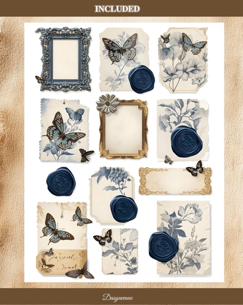 May include: A selection of vintage scrapbook elements featuring frames, butterfly illustrations, floral designs, and navy blue wax seals. The word "INCLUDED" is at the top. The bottom of the image has the text "Dasyavenue".