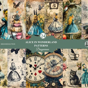 24 Vintage Alice im Wunderland Junk Journal Seiten, Digital Download, für Deine DYI, Scrapbook Seiten, Junk Journal Kit, Junk Journal Folio