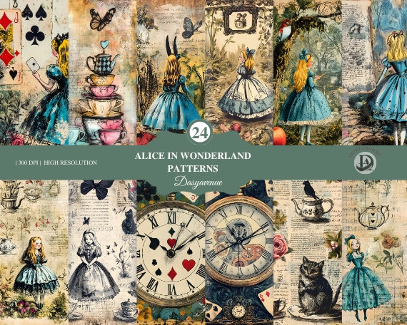 24 Vintage Alice in Wonderland Junk Journal Pages, Digital Download, for your DYI, Scrapbook pages, Junk Journal Kit, Junk Journal Folio