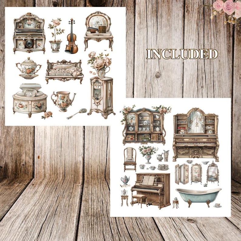 May include: A collection of vintage-style illustrations featuring various furniture pieces, including a piano, a grand piano, a bookcase, a vanity, a couch, a tea set, and a bathtub. The illustrations are in a soft, muted color palette and have a romantic, whimsical feel.