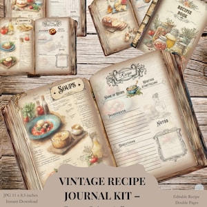 May include: A collection of vintage-style recipe journals with aged paper pages. The journals feature illustrations of food and handwritten recipe templates. The text on the cover reads "VINTAGE RECIPE JOURNAL KIT - Covers, Spines & Pages".