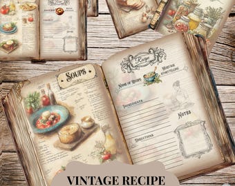 Può includere: Diversi diari di ricette vintage aperti, con pagine di carta invecchiata e illustrazioni di cibo. I diari presentano modelli di ricette scritte a mano. Il testo sulla copertina recita "VINTAGE RECIPE JOURNAL KIT - Covers, Spines & Pages".