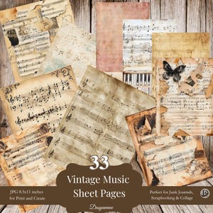 33 Vintage Music Sheet Printable | Grunge Junk Journal Pages | Aged Ephemera for Scrapbooking & Collage | 8.5x11 Digital Download Pack