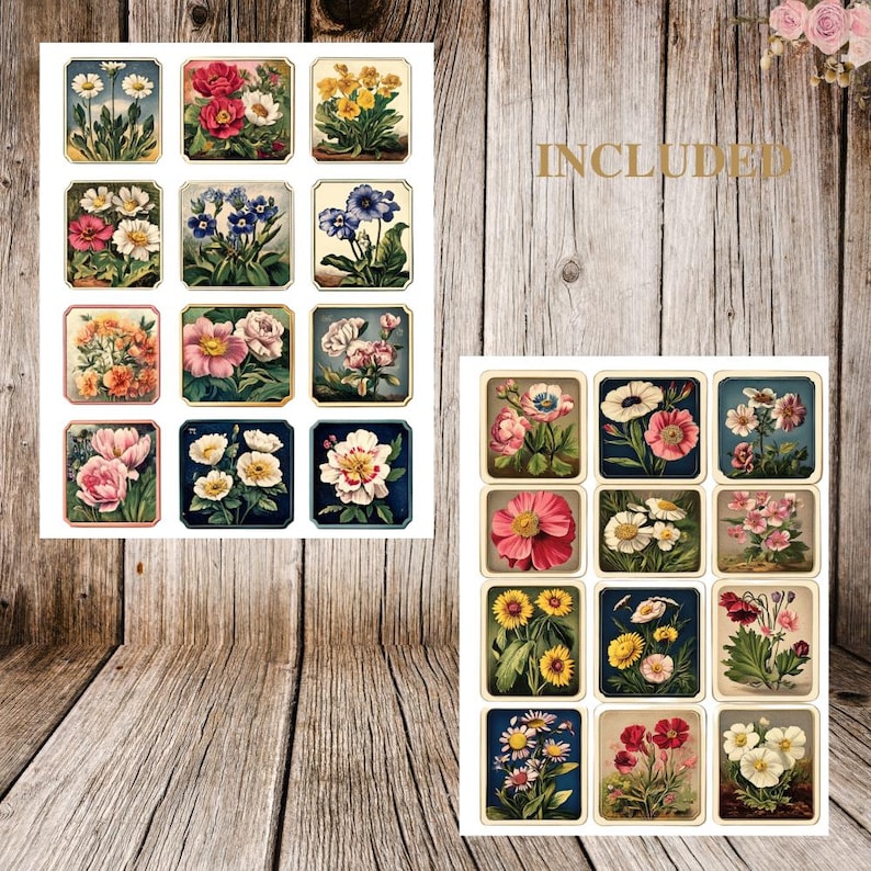 May include: A set of 18 vintage floral illustrations, featuring a variety of flowers in different colors and arrangements. The illustrations are perfect for scrapbooking, card making, and other craft projects.