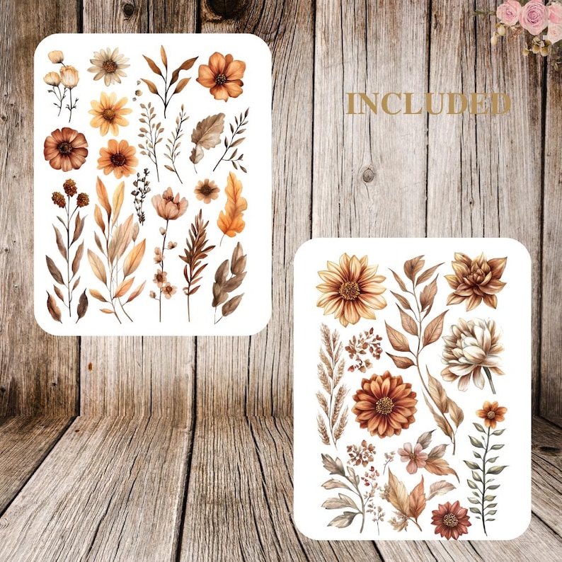 May include: Two white rectangular sheets with watercolor floral designs in shades of brown, orange, and yellow. The sheets feature various flowers, leaves, and stems. The word "INCLUDED" is printed in gold.