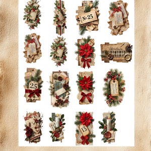 May include: A collection of vintage-style Christmas-themed embellishments. Each design features aged paper, tags, red bows, poinsettias, pinecones, and greenery. Some tags display numbers or the word "Christmas". The overall aesthetic is rustic and festive.