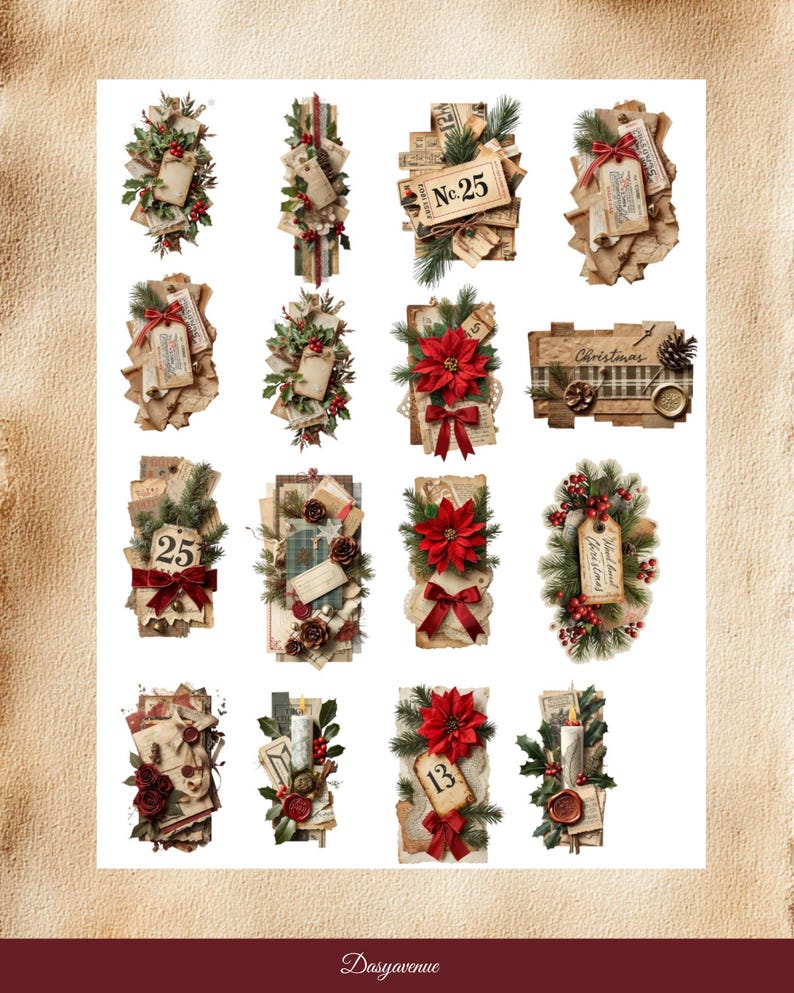 May include: A collection of vintage-style Christmas-themed embellishments. Each design features aged paper, tags, red bows, poinsettias, pinecones, and greenery. Some tags display numbers or the word "Christmas". The overall aesthetic is rustic and festive.
